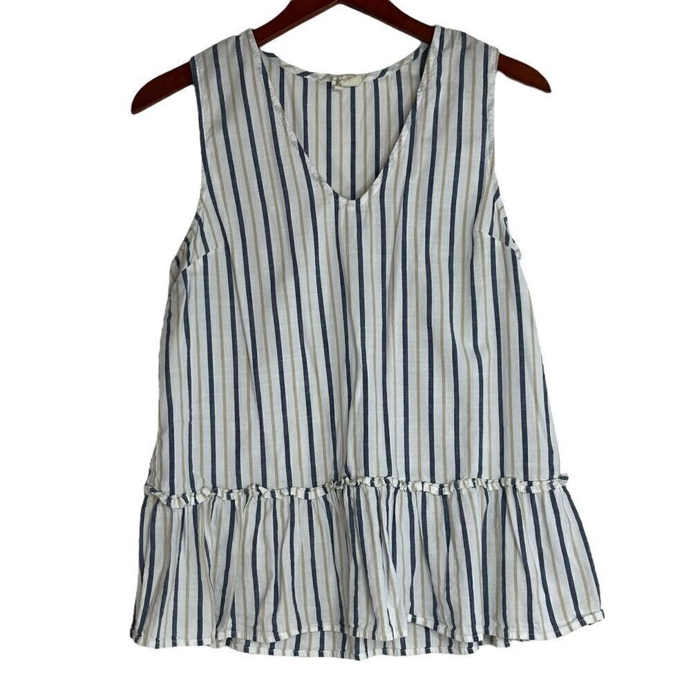 Japna Womens Striped V-Neck Ruffle Peplum Tank Top White Navy Blue Size Large